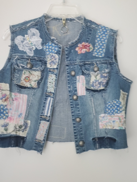 Unknowen Jackets & Blazers - Upcyled Cropped Button Down Denim Vest Patches Fraying Lace Butterflies Size XS
